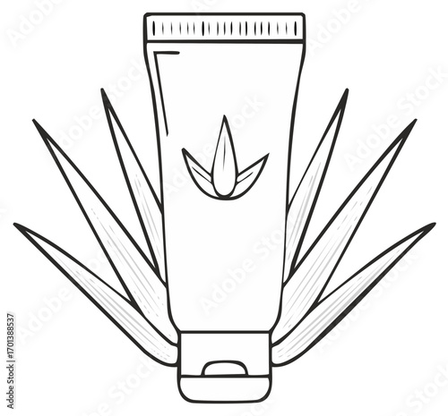 Herbal skin care cream tube with aloe vera leaves, natural cosmetics product design, monochrome minimalist drawing