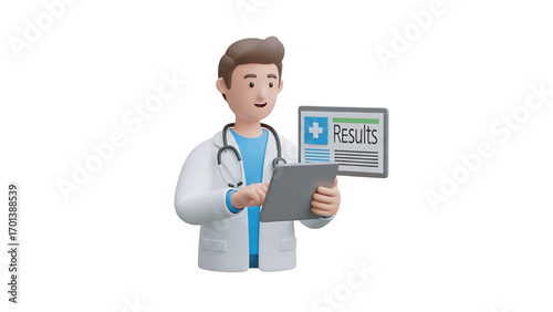 Doctor in white coat examining patient results on tablet in modern hospital, showcasing technology and healthcare innovation.
