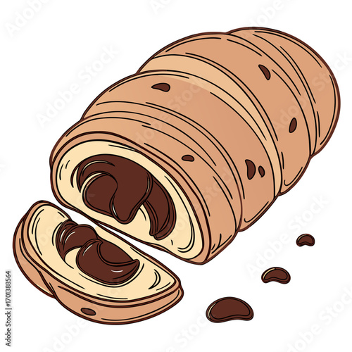 Delicious chocolate pastry roll with cut slice illustration