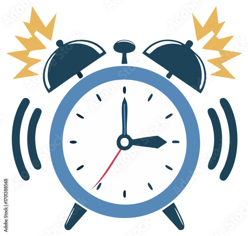 Retro Alarm Clock Ringing Loudly with Sound Waves and Light Bursts