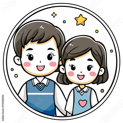 Cartoon illustration of a happy couple inside a circle