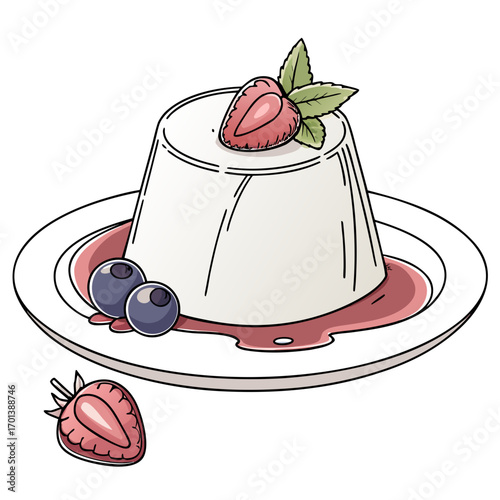 Delicious Panna Cotta Dessert with Berries on a Plate
