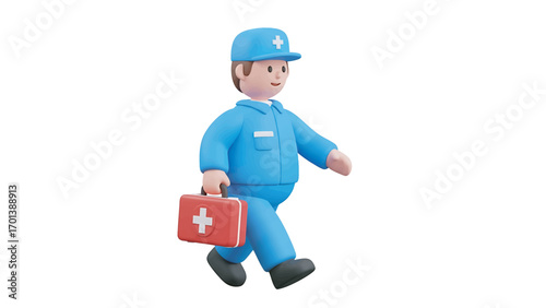 Friendly cartoon paramedic walking with first aid kit on white background, providing healthcare assistance with a positive and helpful attitude.
