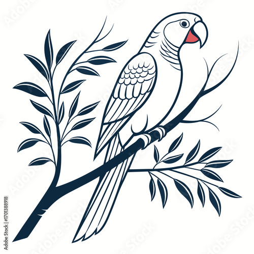 Elegant Line Art Illustration of a Tropical Parrot Perched on a Leafy Branch