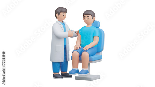 Doctor administering vaccine to young man in clinic, ensuring protection against illness with care and precision, promoting health and wellbeing.
