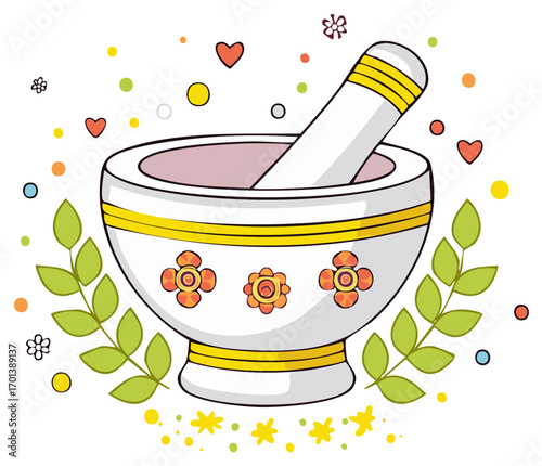 Cute cartoon mortar and pestle with herbs and flowers for natural healing and wellness