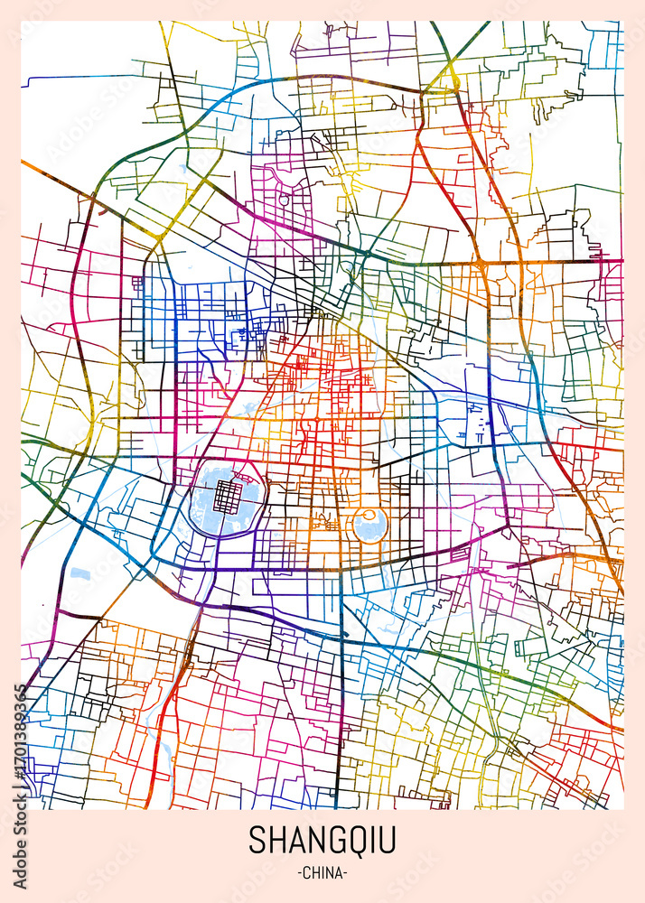 Obraz premium Shangqiu China Map. downtown printable Landmarks print painting, travel art banner modern city, urban city art, background abstract