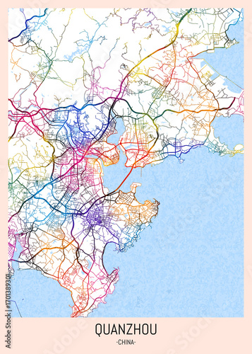 Wallpaper Mural Quanzhou China City Map. downtown printable Landmarks print painting, travel art banner modern city, urban city art, background abstract Torontodigital.ca