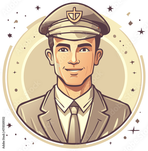 Cartoon Style Image of a Man in Uniform Smiling Confidently Inside Decorated Circle