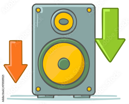 Loudspeaker with incoming downward arrows representing audio volume or sound waves