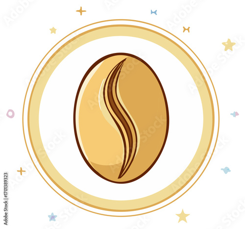 Golden coffee bean icon in a decorative circular frame with stars vector art