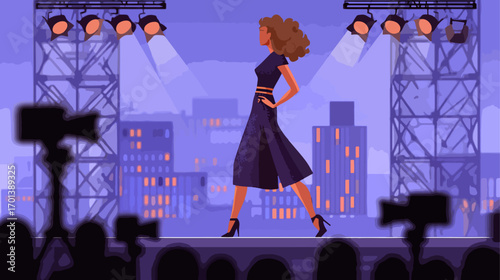 Fashion model walking on runway at night