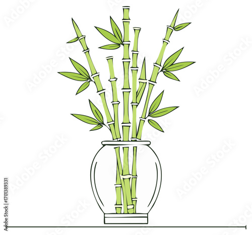 Bamboo Stalks with Green Leaves in a Clear Vase Decor Illustration