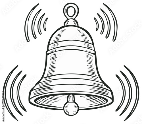 Illustration of a hand-drawn ringing bell with sound waves, a signal for attention, sketch style drawing, vintage design, vector.