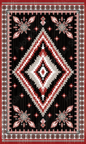 Ganado navajo rug traditional native american tribal pattern.Diamond central border fret geometric red,black,white,grey colors.Ethnic classic carpet Gando Arizona,Aztec,Southwest vector illustration.