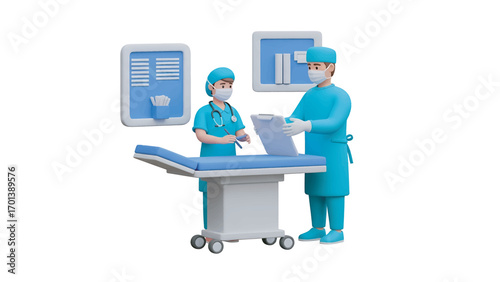 Two healthcare workers reviewing patient chart in examination room, showcasing teamwork and medical expertise in a clean, modern setting.