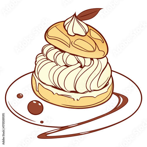 Delicious cream puff dessert with a delicate leaf garnish on a white plate