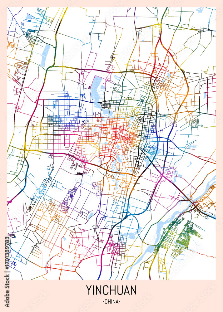Obraz premium Yinchuan China City Map. downtown printable Landmarks print painting, travel art banner modern city, urban city art, background abstract