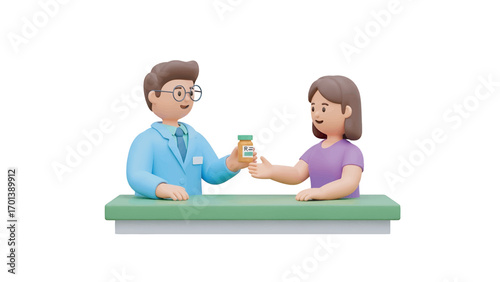 Doctor handing medication to patient across counter in pharmacy during consultation, promoting healthcare and wellbeing.
