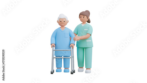Caring nurse assisting elderly patient with walker in hospital hallway, providing support and compassion in a bright, modern setting.