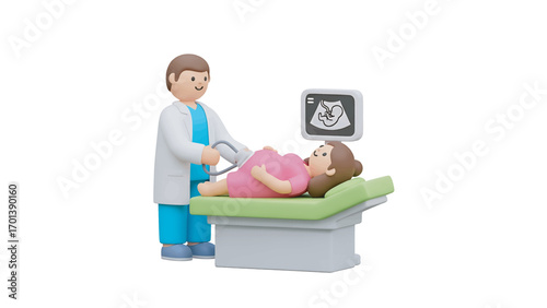 Doctor performs ultrasound on pregnant woman lying on examination table in clinic, showcasing prenatal care and medical technology with a hopeful vibe.