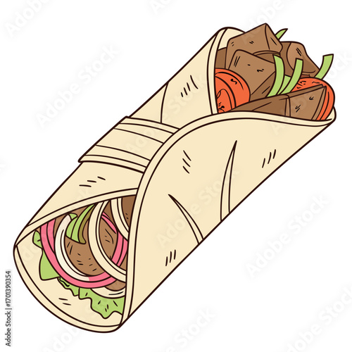 Hand-drawn cartoon illustration of a delicious doner kebab wrap