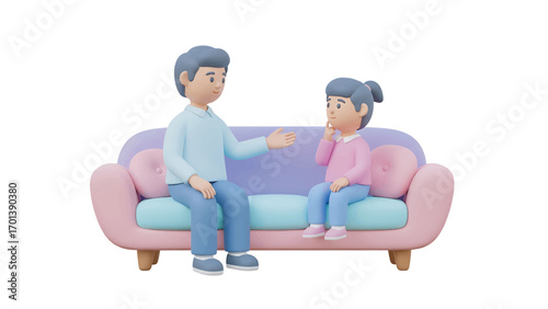 Father talking to his daughter sitting on a pink couch in a bright room, offering guidance and support with a caring and understanding tone.