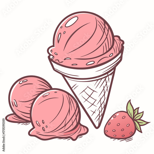 Strawberry Ice Cream Cone and Scoops