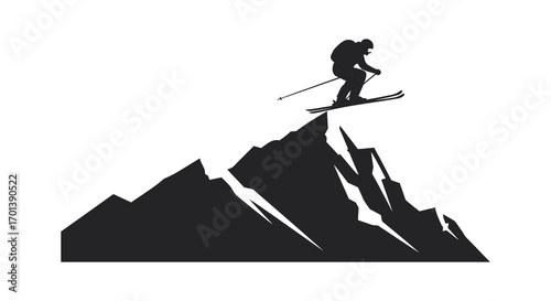 a skier poised at mountain peak ready for descent