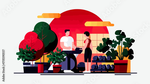 Fitness center interior with people and plants