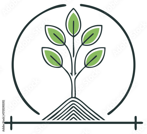 Modern line art icon of a growing green sapling with roots in a circular frame for sustainability and ecology