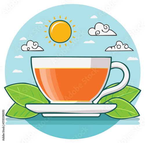 Refreshing tea cup with green leaves and sunny sky in a circular frame