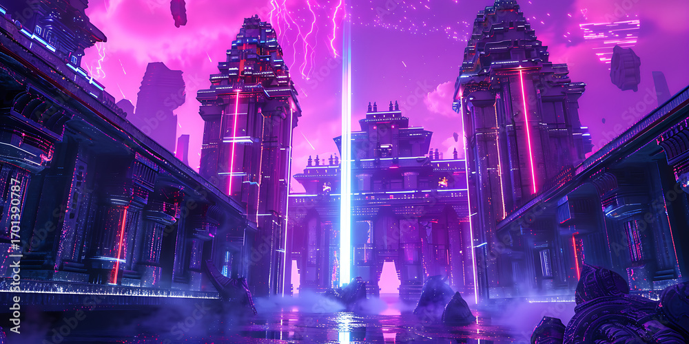 Obraz premium Sci-Fi Scene with Glowing Temples and Purple Lightning Skies