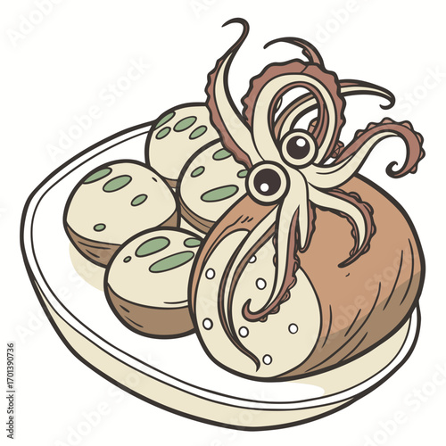 Cartoon Drawing of a Japanese Takoyaki Snack with Octopus