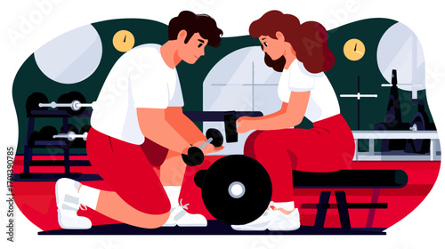 Fitness trainers assisting clients with weights