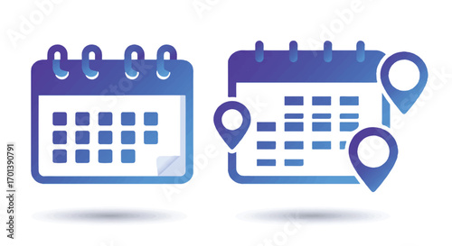 Two calendar symbols displaying dates and location pins, indicating schedule and appointments on a white surface, suggesting organization and planning.