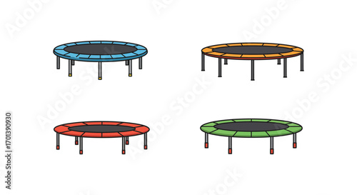 colorful trampolines arranged neatly in a square formation