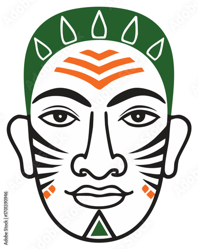 Stylized Tribal Mask Vector Illustration with Geometric Face Paint and Headband Graphic Representation