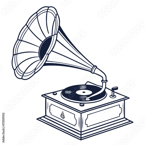 Classic Gramophone Illustration with Record Player and Horn for Music Enthusiasts