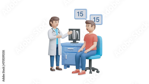 Doctor explaining xray results to patient in examination room, highlighting diagnosis with positive outlook for recovery and treatment plan.