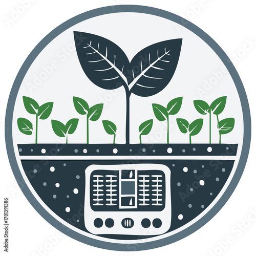 AgriTech concept icon with plant seedlings growing in a soil cross section over an automated control unit