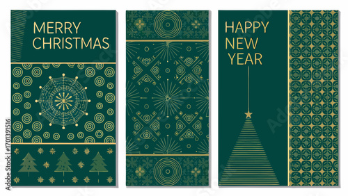 Elegant green and gold christmas and new year greeting cards with festive patterns
