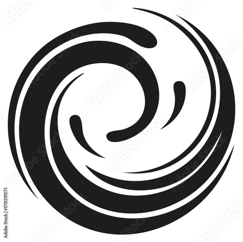Abstract Swirling Vortex Black and White Illustration, Whirlpool Graphic Symbol and Shape, Flowing Liquid Motion, Water Energy Emblem