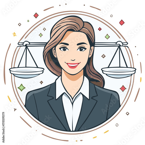 Cartoon illustration of a professional woman lawyer with the scales of justice symbol