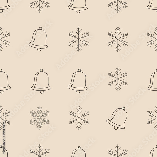 Festive seamless pattern of bells and snowflakes in a repeating design for Christmas celebrations, seamless pattern, Stock royalty.