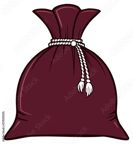 Maroon Sack Tied with Rope, Cartoon Style -  Graphic Icon for Provisions, Gifts, or Goods
