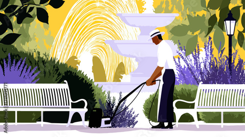 Gardener tending to flowers and fountain in park