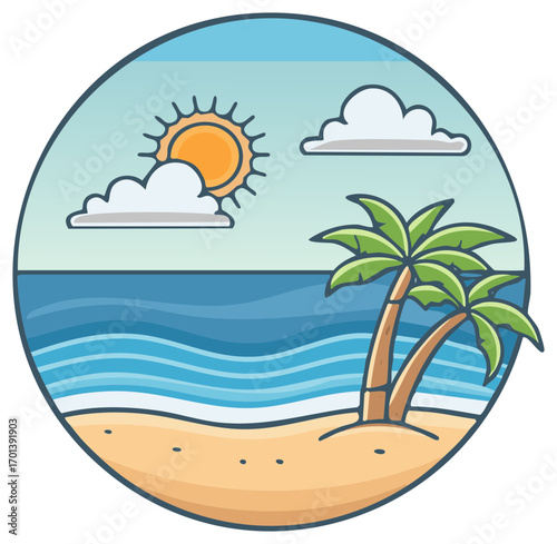 Circular cartoon illustration of a sunny tropical beach with palm trees and ocean