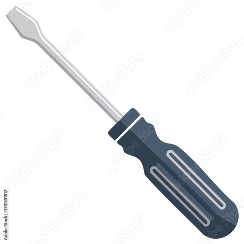 Illustration of a flathead screwdriver tool with a gray shaft and a dark handle for tightening screws