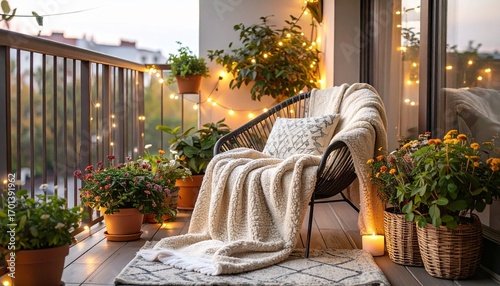 Cozy balcony with chair with plants, and and warm fairy lights.
